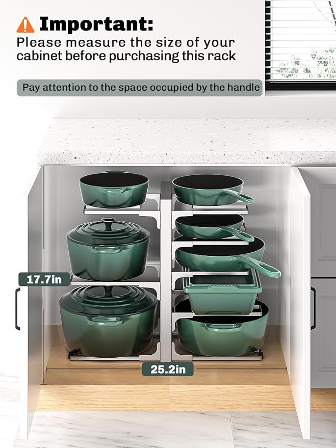 MUDEELA 8-Tier Pots and Pans Organizer under Cabinet, 15.83" Height Heavy Duty Pot Pan Organizer Kitchen Cabinet Organization and Storage, Adjustable Pot Rack for Frying Pan, Cast Iron Skillet, Sliver