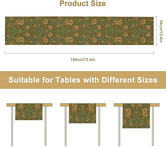 Vintage Floral Table Runner,William Morris Art Style Home Decor Table Runner for Home Indoor Outdoor Kitchen Holiday Birthday Party Wedding Decor 13x90 Inch