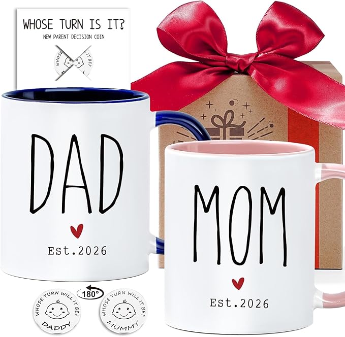 First Time Mom & Dad Coffee Mug Gift Set - New Parents Est. 2026, 2-Pack Pregnancy Announcement Cups for Expecting Couples, Baby Reveal Gift for Mom & Dad to Be-122