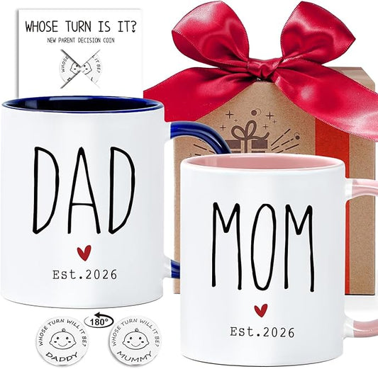 First Time Mom & Dad Coffee Mug Gift Set - New Parents Est. 2026, 2-Pack Pregnancy Announcement Cups for Expecting Couples, Baby Reveal Gift for Mom & Dad to Be-122