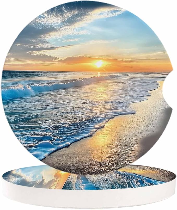 Small Car Coasters for Cup Holders 2.65" Absorbent 6 Pack Car Coaster Ceramic Stone for Drinks Absorb Water Drops Beautiful Sunset Seascape Waves and Beach