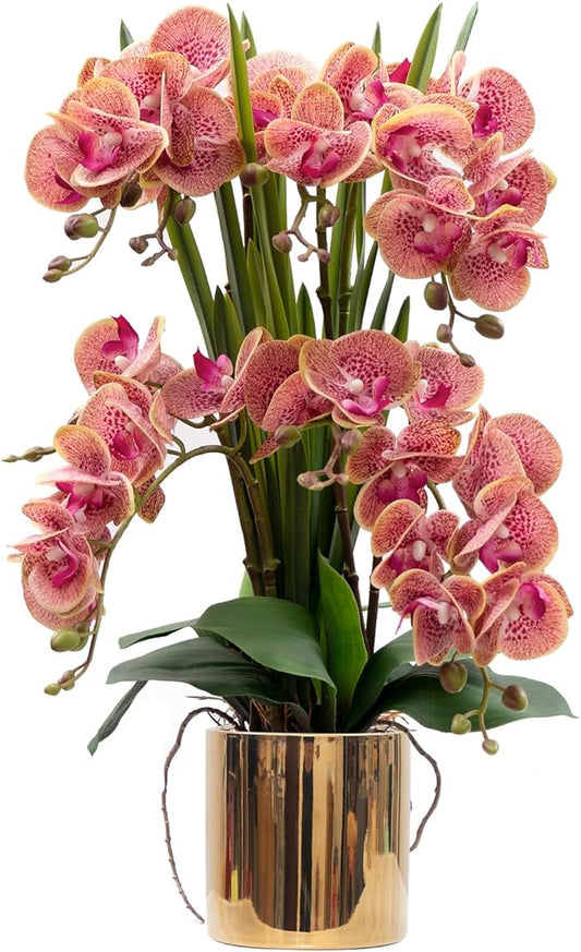 CXGS Artificial Orchid Flower Plants Real Touch Faux Orchids in Ceramic Vase 20.9'' Purple Dapple Phalaenopsis Orchid Fake Flower Arrangement Home Indoor Decor