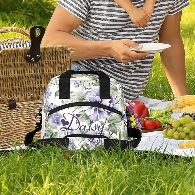 Personalized Flower Floral Lunch-Bag for Women, Custom Insulated Cooler Lunch Box with Name, Leakproof-Reusable Lunch Tote Bag for Work Office Picnic - Light Purple