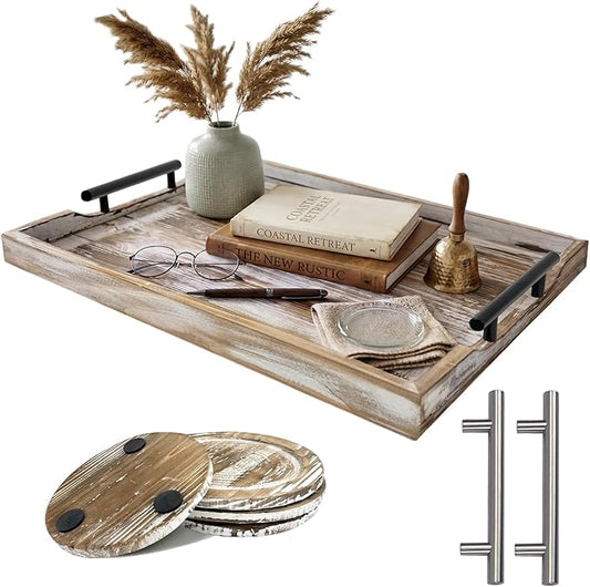 Wood Serving Tray with Metal Handles, 17x13in Large Wooden Tray for Ottoman, Coffee Table, Breakfast, Dinner & Bar, Decorative Tray for Living Room, Bedroom, Bathroom and Kitchen, Brown