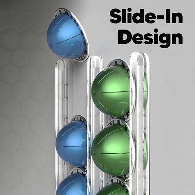 GALVANOX Wall Mounted Holder for Nespresso Vertuo Pods Organizer, 10 Capsule Stick On with Adhesive Backing - Low Profile Vertuoline Wall Mount, Under Cabinet (Clear Acrylic)