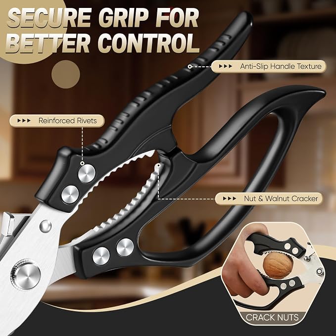 Huusk Heavy Duty Kitchen Scissors Set – All Purpose Japanese Poultry Shears for Chicken, Meat, Fish, Vegetables & Pizza with Ergonomic Non-Slip Black Handle, Gifts for Women Men