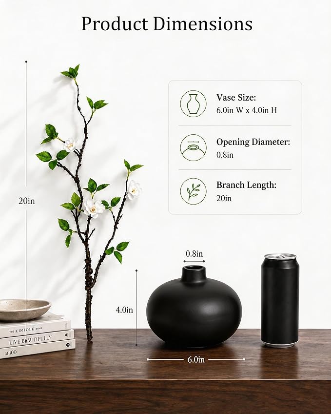 Fake Greenery Stem with Vase - 20'' Plants Artificial Decor for Table Small Artificial Potted Plants for Vase Fake Silk Plants Home Office Bathroom Shelf Cabinet Tabletop Decoration, Black