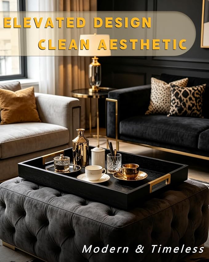 22" x 15.75" Black Wooden Serving Tray with Golden Metal Handles, Large Rectangular Wood Ottoman Tray for Living Room, Coffee Station, Ottoman Table