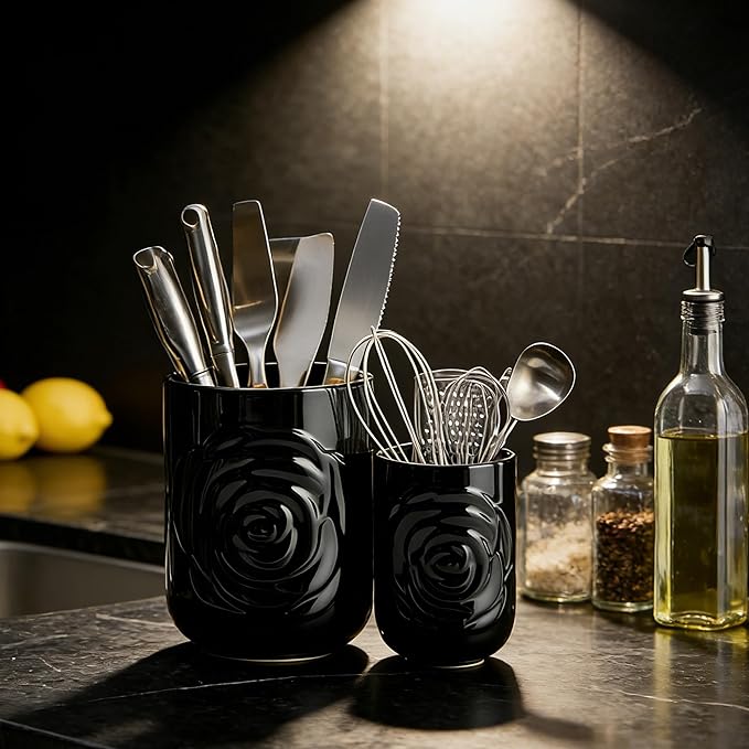 Large Utensil Holder Set of 2, 7.5"+ 5.5" - Ceramic Rose Kitchen Countertop Utensil Crock for Spatulas, Spoons & Cooking Tools, Farmhouse Kitchen Counter Decor, Black