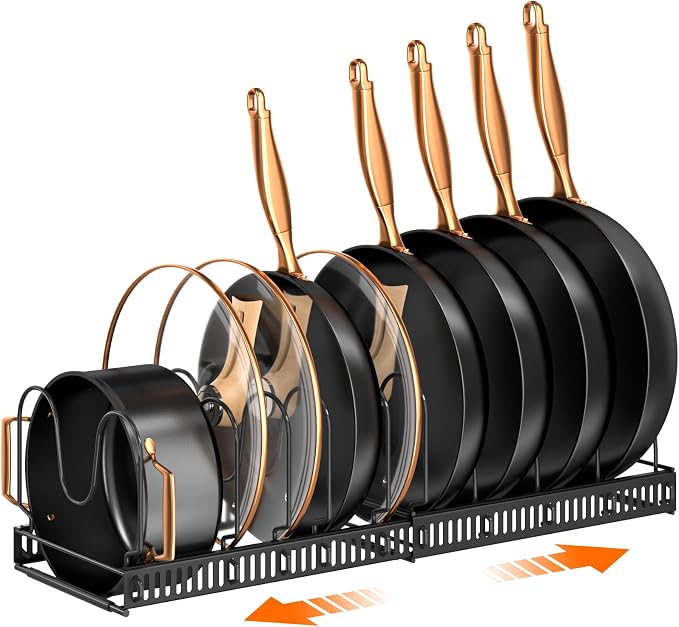 MUDEELA 8-Tier Heavy Duty Adjustable Pots and Pans Organizer and 10 Expandable Pans Organizer Rack for under Cabinet Bundle