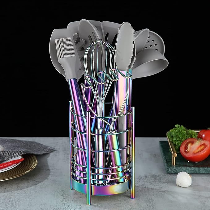 Rainbow Kitchen Utensil Holder for Kitchen Counter, Stainless Steel Utensil Crocks, Rainbow Titanium Coating Utensil Storage Caddy Organizer, Cooking Utensil Holder, Easy Cleaning(Rainbow/7.4''x5.2'')