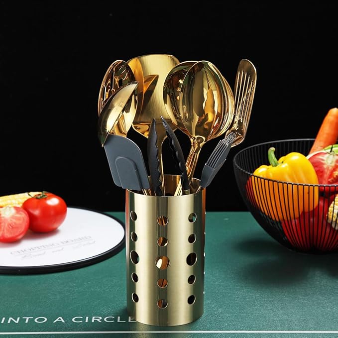 Gold Cooking Utensils Set, Berglander Stainless Steel 13 Pieces Kitchen Utensils Set With Titanium Gold Plating, Kitchen Tools Set With Utensil Holder, Dishwasher Safe, Easy to Clean