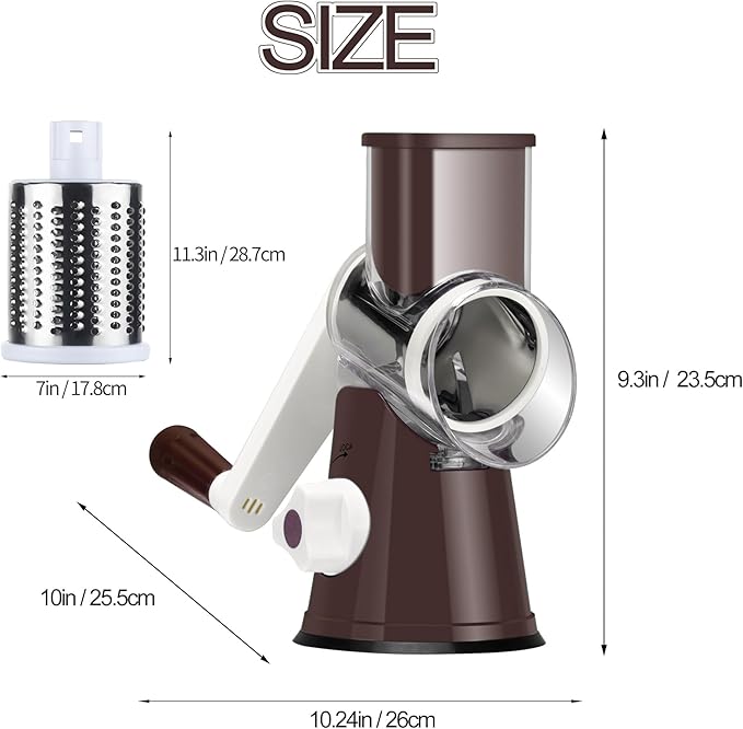Ourokhome Rotary Cheese Grater Hand Crank, Kitchen Shredder Speed Mandolin Slicer Nut Grinder with Handle and Drum Blades for Cheese, Vegetable, Walnuts, Chocolate, Potato, Carrot,3 Blades, Coffee
