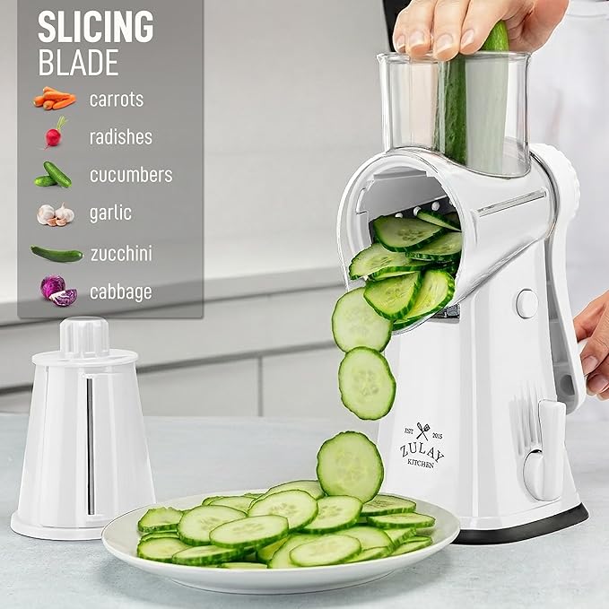 Zulay Kitchen Rotary Cheese Grater 5 Blade Cheese Shredder - Manual Hand Crank Cheese Grater With Reinforced Suction & 5 Interchangeable Drums - Easy to Use, Vegetable Chopper Round Mandoline Slicer
