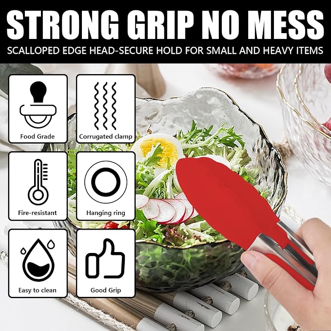 Kitchen Tongs with Silicone Tips, Kitchen Tongs, Cooking Tongs, Premium Stainless Steel Locking Cooking Tongs, Non-Slip Food Tongs for Cooking, Heavy Duty, Non-Stick, 480℉, Set of 3-7"/9"/12" Red