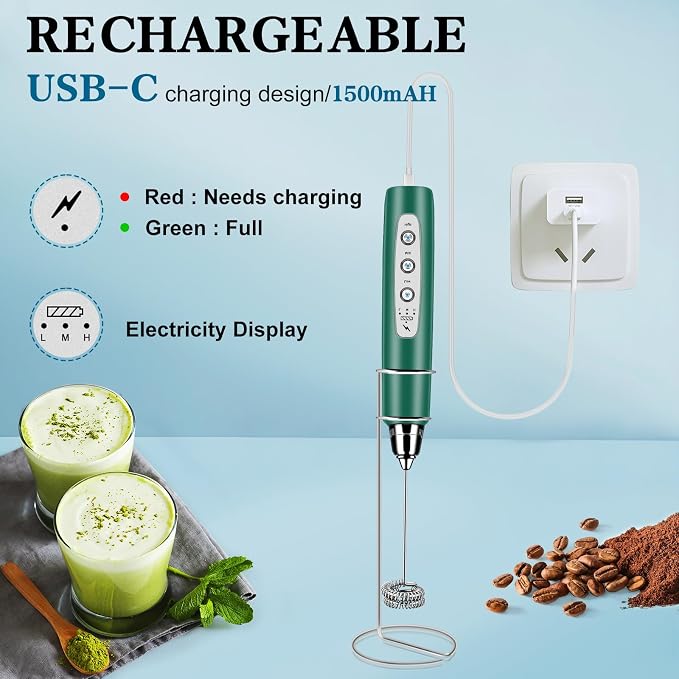 BSRGMS Milk Frother Handheld with Stand, Electric Whisk 3 Speed Adjustable, Drink Mixer with Stainless 3 Whisk, Rechargeable Hand Frother Wand, Foam Maker for Latte Cappuccino Hot Chocolate Egg Green