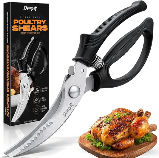 Poultry Shears, Kitchen Shears Heavy Duty for Food With Anti-Slip Handle & Safety Lock, Meat Scissors, Chicken, Lobster, Quail, Fish, Food Cutting Scissors, Bone Cutter - Spring Loaded