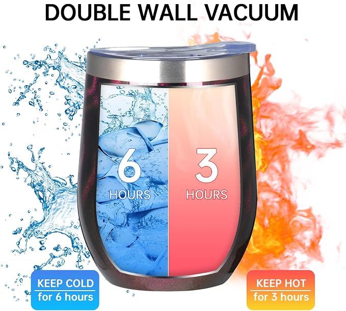 MEZMUT 12 Oz Insulated Wine Tumbler with Lid Double Wall Vacuum Stainless Steel Wine Glass Coffee Mug Insulated Tumbler Cup for Champaign, Cocktail, Beer (Purple Gold, 1 Pack)