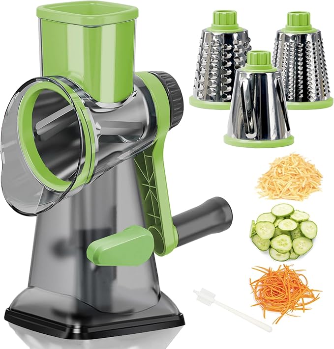 Cheese Grater with Handle,Multifunctional Rotary Cheese Grater,Kitchen Cheese Shredder Can Easily Chop Vegetables,Potatoes,Carrots,Etc.The Suction Cup is Stable and Easy to Clean (green)
