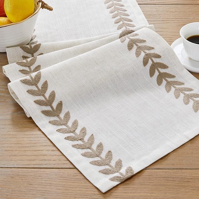 Wracra Embroidered Fall Table Runner Irregular Willow Leaf Table Runners 48 Inches Long for Dresser Home Dining Table Decor,14 x 48 Inch, Taupe