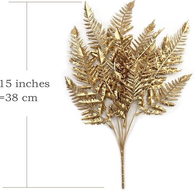 CATTREE Artificial Plants Christmas Decoration, Plastic Golden Boston Plant Fake Simulation Fern Leaves for Wedding Bridal Bouquet Party Indoor DIY Home Office Table Centerpieces Decor - Gold 4 Pack