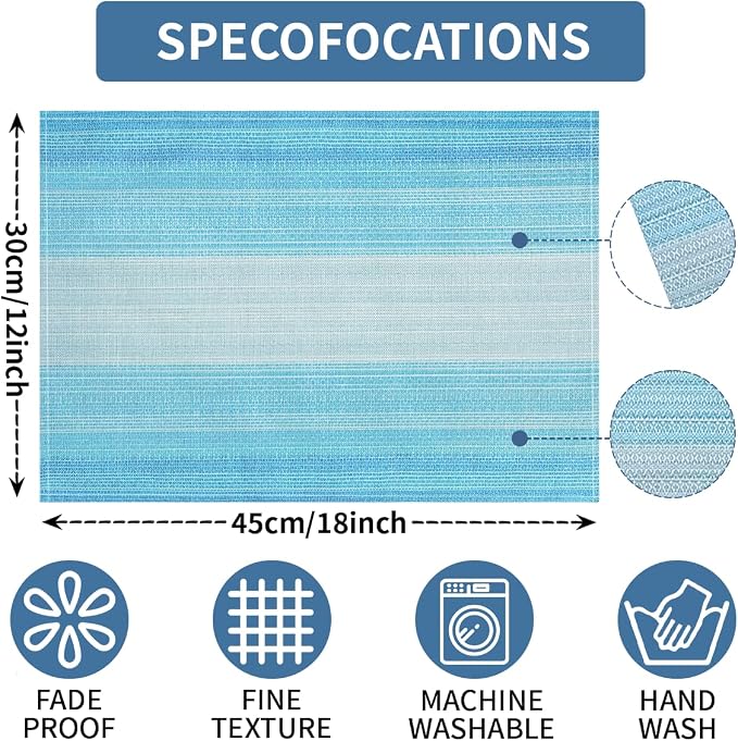 Niviy Blue Placemats Set of 8, 12x18 Inch Washable Easy to Clean Heat-Resistant Anti-Skid Table Mats for Holiday Party Kitchen Dining Room Decoration