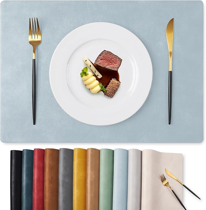 MOSAYT Vinyl Placemats Set of 12-12 X 17 Inch - Faux Leather 100% Waterproof Oil-Proof Wipeable PU Place Mats, Heat Resistant Reversible Table Mats for Kitchen, Dining, Outdoor, Light Grayish Blue