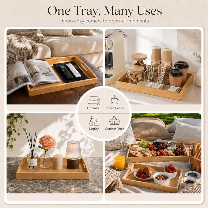 Bamboo Serving Tray Set of 2 with Handles, Rectangular Trays for Food | Solid bamboo trays with curved handles, raised edges; serve food, drinks, coffee, breakfast; nest for organizing & display.