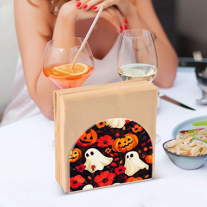 Napkin Holder Acrylic Napkin Holder for Table Kitchen Party Restaurant U Shaped Upright Napkin Dispenser Organizer Halloween Ghost Pumpkin and Poppy
