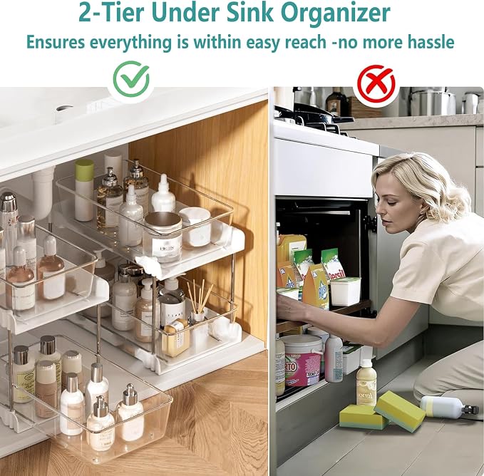2 Pack Bathroom Organizer,2 Tier White Under Sink Organizers Vanity Countertop Storage Container,Cabinet Drawers Bins, Pull-Out Organization with Track for Pantry, Kitchen