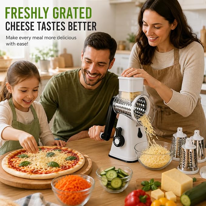 Rotary Cheese Grater with Handle, 3 Interchangeable Stainless Steel Blades, Manual Vegetable Slicer & Cheese Shredder, Hand Crank Grater for Cheese, Potato, Carrot, Cucumber, Nuts & Chocolate, White