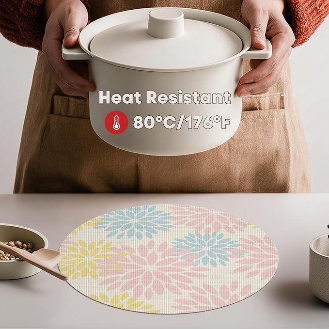 Artoid Mode Pink Dahlia Plastic Round Placemats Set of 4, 14 Inch Seasonal Washable Woven Vinyl Table Mats for Farmhouse Party Kitchen Dining Decor