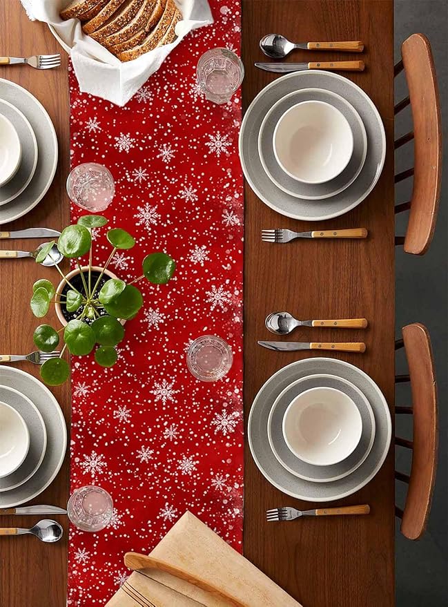 Christmas Table Runner - 72 Inch Long, Snowman Dining Tablerunner Xmas Tree Kitchen Dresser Scarves, Winter Snowflake Farmhouse Red Merry Christmas Decor for Coffee Table Wedding Party Banquet