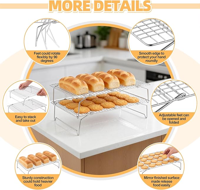 P&P CHEF Cooling & Baking Rack, 4-Tier Stainless Steel Stackable Grid Cooking Racks for Cooling Roasting Grilling, Collapsible & Heavy Duty, Oven & Dishwasher Safe, 15" x 10"