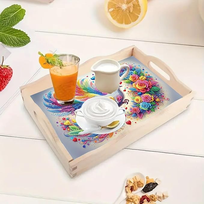 ARTopet DIY Diamond Serving Tray Diamond Art Painting Creative Design Handmade Wooden Tray Dinner Plate for Coffee Breakfast Home Organizer-Colorful Bird