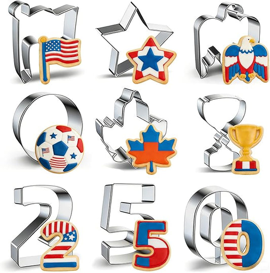 9Pcs Patriotic Metal Cookie Cutter Set, 250th Anniversary of Independence Day, 4th of July Baking Molds Star Eagle Flag, Stainless Steel for Holiday Party Baking Supplies