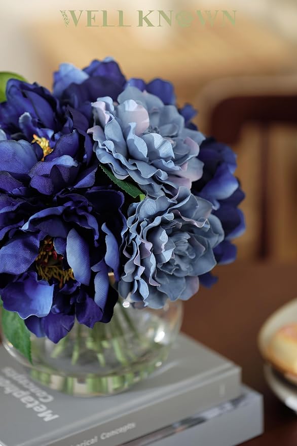 WELL KNOWN Artificial Blue Peonies Flowers in Vase with Faux Water, Silk Fake Flower Arrangements for Spring Home Dining Coffee Table Decor Wedding Party Centerpieces & Mom's Birthday Gift