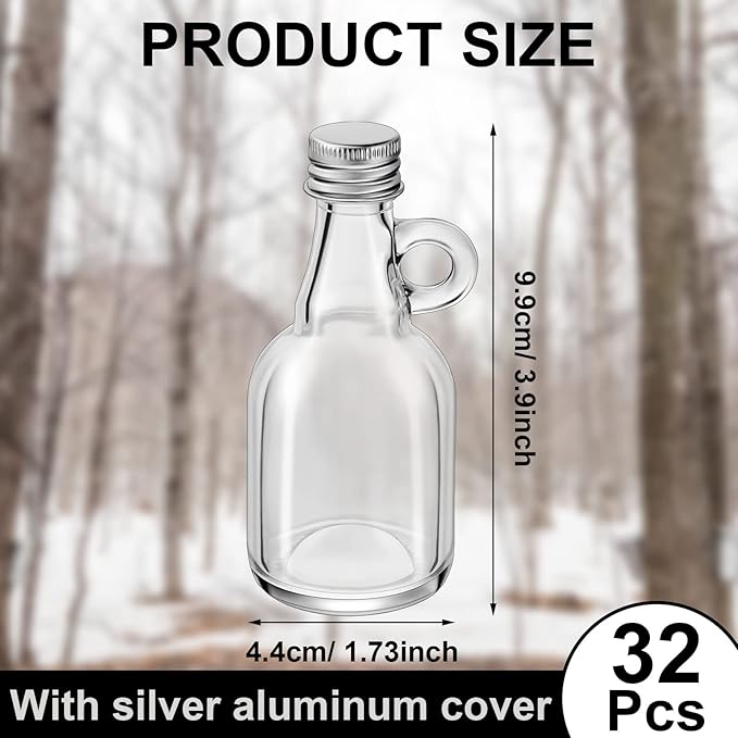 Suclain 32 Pcs 1.7oz Mini Glass Syrup Bottles Small Syrup Jars with Loop Handle and Lids Clear Glass Reusable Maple Jars Container Stout Sample Bottle for Potion Juice Milk Storage Sauce Oil