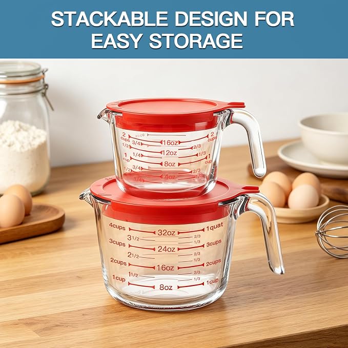 KOMUEE 4 Pieces Glass Measuring Cups Set | 5 Oz, 1-Cup, 2-Cup, 4-Cup Liquid Measuring Cups with Lids for Kitchen, Freezer and Microwave Safe