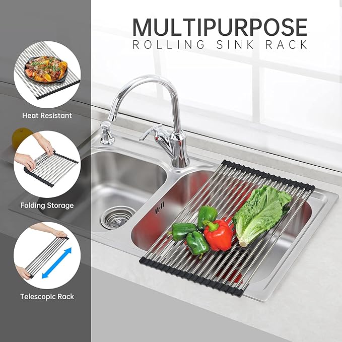 CHIRISEN Expandable Roll Up Dish Drying Rack Large, Foldable Over The Sink Dish Drying Rack, Collapsible Stainless Steel Drainer Over Sink Dish Drying Rack for Kitchen Counter (Black, 21.25''x12.79'')