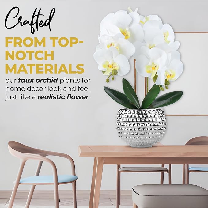 Large Orchids Artificial Flowers, 17'' White Faux Orchids with Gold Pot for Living Room Decor, White Faux Orchid Plant for Bathroom Kitchen Home Indoor Hotel Decor (Large Silver)