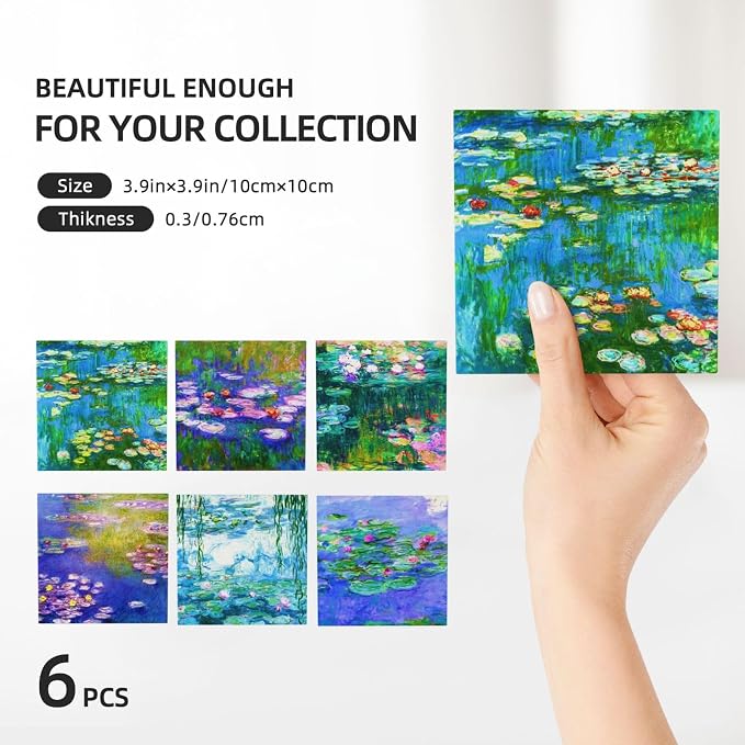 Drinks Absorbent Coasters with Holder Set of 6, Coffee Table Decor, Ceramic Stone Coaster with Cork Base Tabletop Protection Mat for Mugs and Cups,Office,Kitchen (Monet Water Lilies 2)