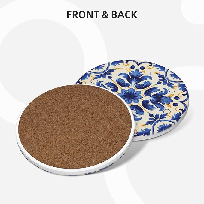 Coaster for Drinks Set of 6, Blue Vintage Spanish Ceramic Floral Absorbent Round Ceramic Stone Mat, with Cork Base and Metal Holder, Gift for Housewarming Room Bar Decor (Azulejo Tile-2)