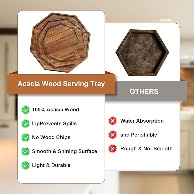 Set of 3 Acacia Wood Serving Trays, Octagonal Wooden Platters for Vegetable,Fruit, Charcuterie Boards,Cheese and Coffee Tea Platters Wedding Table Supplies Spring Serving Trays(8 in & 10 in &12 in)