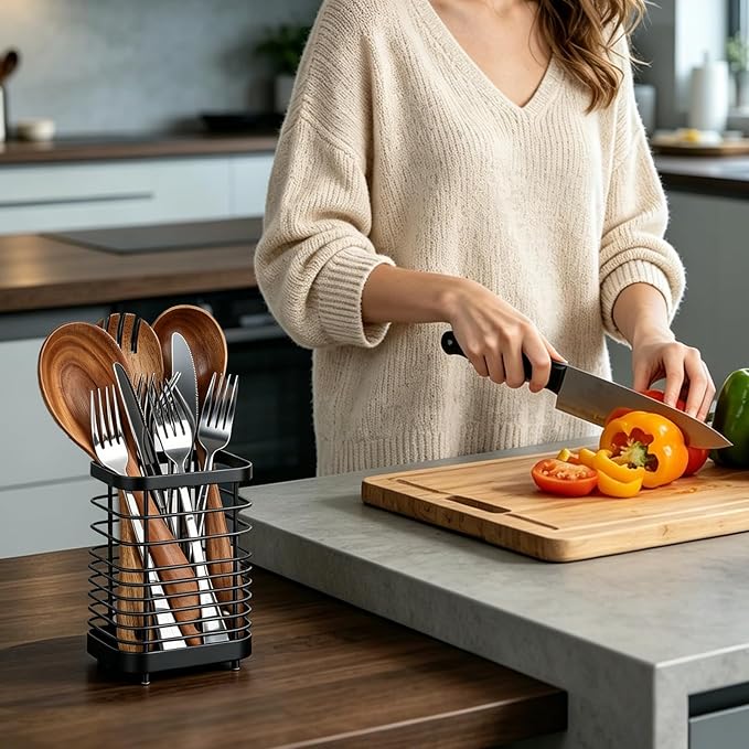 Utensil Holder, Stainless Steel Utensil Drying Rack for Kitchen Counter, Silverware Cutlery Flatware Holder Forks, Knives, Spoons, Chopsticks Organizer (Black)