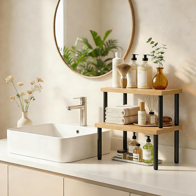 HOOBRO Cabinet Organizer Shelf, kitchen countertop organizer, Kitchen Storage, Spice Rack for cabinet, Stackable, Expandable, for Countertop,kitchen,cabinet, Black and Natural BN15TL01