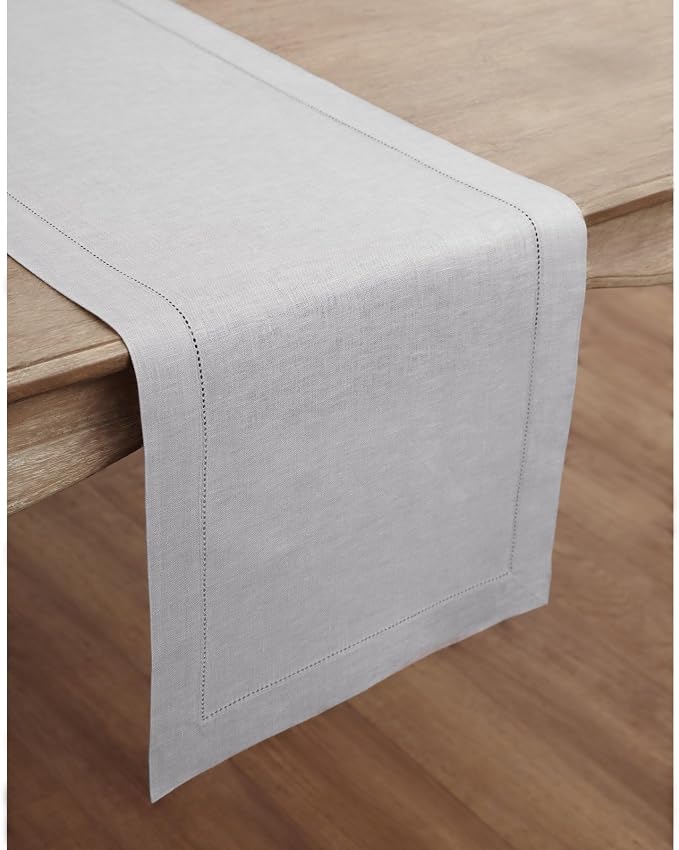 Solino Home Linen Soft Grey Table Runner 60 Inches - Classic Hemstitch, 100% Pure Linen Coffee Table Runner 14 x 60 Inch Ideal for Dresser Tables - Summer