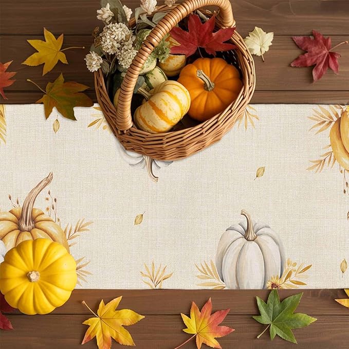 Fall Pumpkins Table Runner - 120 Inch Long, Grey Golden-yellow Pumpkin Thanksgiving Dining Table Runner Dresser Scarves, Maple Leaf Farm Harvest Decor for Coffee Table Wedding Party Banquet, 13x120 in