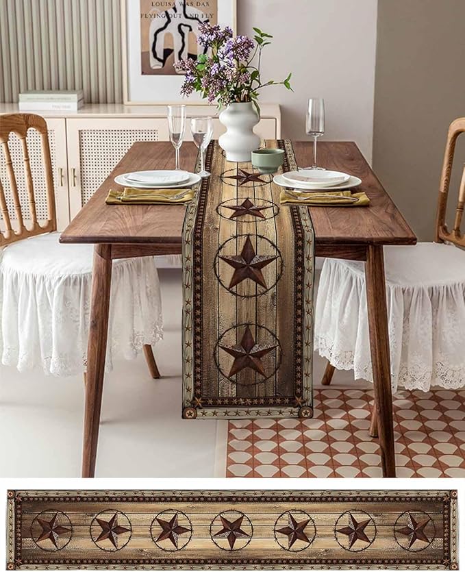 Western Farmhouse Table Runner 48 Inch Long Dresser Scarves Primitive Rustic Cotton Linen Tablerunners Country Retro Texas Star Dining Kitchen Burlap Table Setting Decor for Party Holiday, 13"x48"