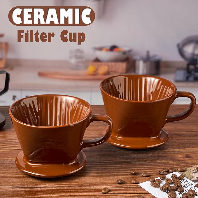 Pour Over Coffee Dripper, Ceramic Pour Over Coffee Maker with 3 Holes Flat Bottom, Easy Manual Brew Maker, Porcelain Slow Filter Cone for Travel, Camping, Office, Home,Brown